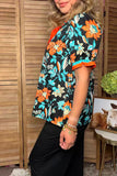 Western floral printed turquoise & orange ruffle short sleeve women's boutique top GJQ17731