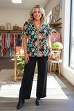 Western floral printed turquoise & orange ruffle short sleeve women's boutique top GJQ17731