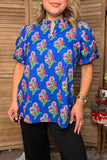 Trendy floral printed royal blue short sleeve women's boutique top Southern Stitch GJQ17692