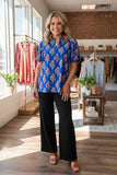 Trendy floral printed royal blue short sleeve women's boutique top Southern Stitch GJQ17692