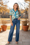 Southwestern textured floral print ruffle short sleeve women's boutique top GJQ17752