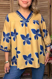 Western blue floral prints 3/4 sleeve women's boutique top Southern Stitch GJQ17758