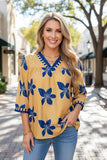 Western blue floral prints 3/4 sleeve women's boutique top Southern Stitch GJQ17758