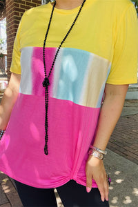 GJQ8707-2 Yellow/pink & multi color block printed short sleeve top (es7)