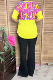 GJQ8866 Lightning yellow multi  color printed short sleeve women tops FS12