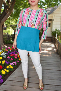 Western t-shirt wholesaler Striped & floral printed & turquoise color block 3/4 sleeves GJQ9144  (FW11)