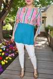 Western t-shirt wholesaler Striped & floral printed & turquoise color block 3/4 sleeves GJQ9144  (FW11)