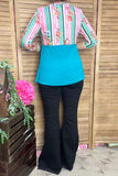 Striped & floral printed & turquoise color block 3/4 sleeves GJQ9144 (FW11)