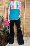 Striped & floral printed & turquoise color block 3/4 sleeves GJQ9144 (FW11)