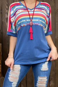 GJQ9673-3 Bull/Aztec Blue printed short sleeve top