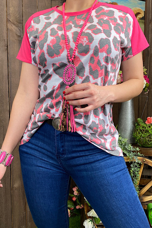 GJQ9791 Pink leopard printed short sleeve top