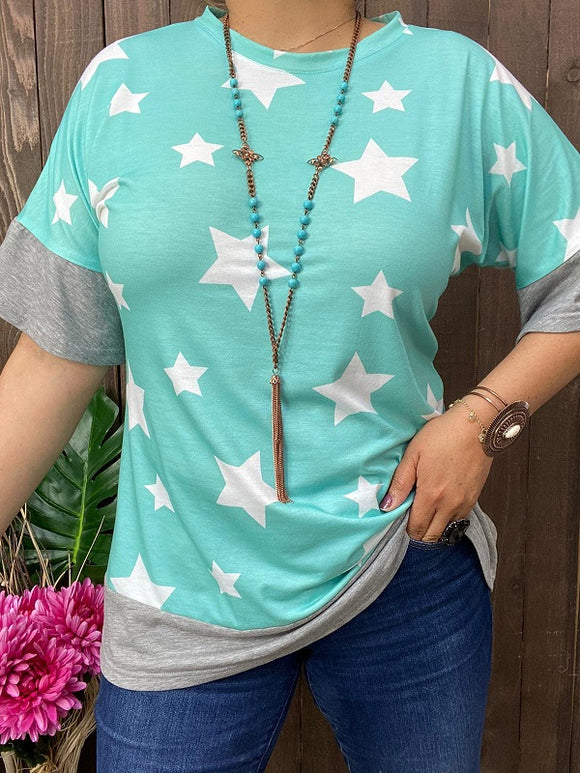 GJQ9799-1 White star printed turquoise background gray trim short sleeves women top