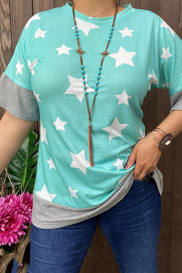 GJQ9799-1 White star & turquoise & grey short sleeves women top