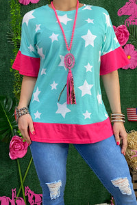 GJQ9799-2 Tiffany blue w/white stars print & pink sleeve trim women top (GS10)