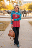 Leopard bull head printed & rust red long sleeve women top GJQ9883 FS12