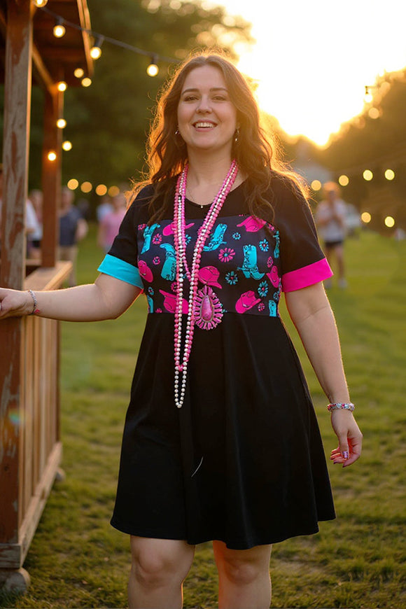Western hat & boots printed & black block short sleeve women dress XCH14282 AS7