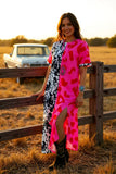 Half black cow pink leopard printed maxi dress w/leg slit BQ14201 (BS13)