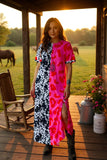 Half black cow pink leopard printed maxi dress w/leg slit BQ14201 (BS13)