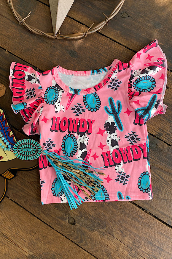 HOWDY pink cactus & concho ruffle girls blouse DLH2385