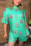 Western patterns mint short sleeve top & shorts women's boutique set Southern Stitch HQ17649