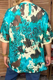 Western cow pattern & turquoise tie dye short sleeve women's boutique top Southern Stitch HQ17650
