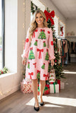 Christmas tree & red bow print balloon sleeves women's boutique dress Southern Stitch HQ17667