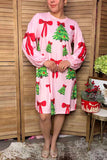 Christmas tree & red bow print balloon sleeves women's boutique dress Southern Stitch HQ17667