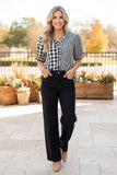 Western checkered patchwork ruffle short sleeve women's boutique blouse HQ17777