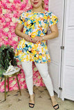 Women's short sleeve t-shirt suppliers Floral printed w/ruffle sleeve & bottom HX5620 (FS9)