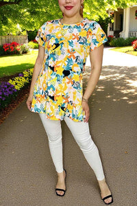 Women's short sleeve t-shirt suppliers Floral printed w/ruffle sleeve & bottom HX5620 (FS9)