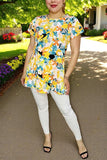 Women's short sleeve t-shirt suppliers Floral printed w/ruffle sleeve & bottom HX5620 (FS9)