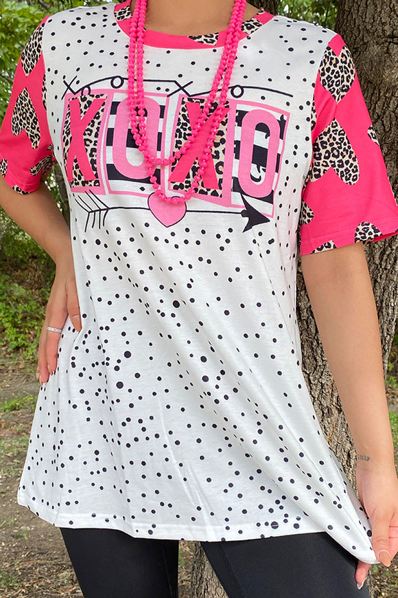 XCH13685 XOXO & Dot & Leopard printed short sleeve top for Valentine's day