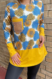 XCH10344 Blue & yellow sunflower printed long sleeve top w/sequin pocket