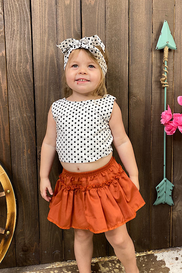 DLH2525 Polka dot blouse w/rust color bloomer skirt & headband included