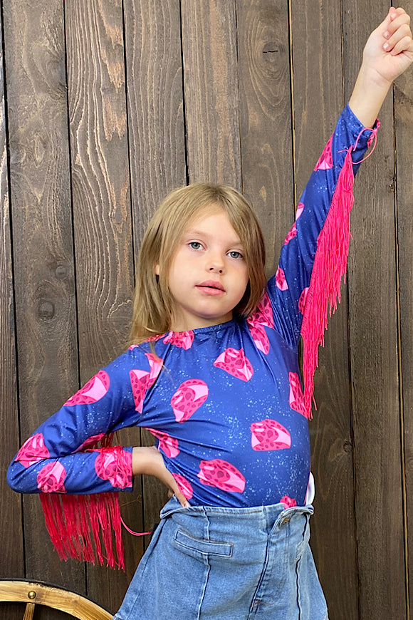 DLH2534 Blue & pink leopard printed girl blouse w/fringe tassels