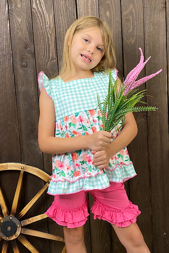 XCH0666-35H Floral ruffle top w/pink shorts 2pc set