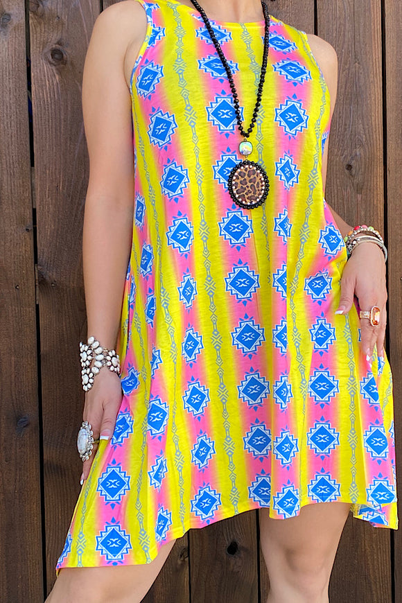 Yellow/pink tribal sleeveless dress w/pockets BQ10655