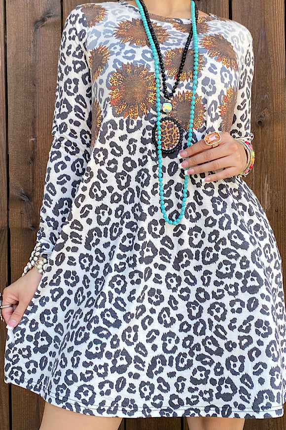 XCH12005 Sunflower & leopard printed long sleeve dress