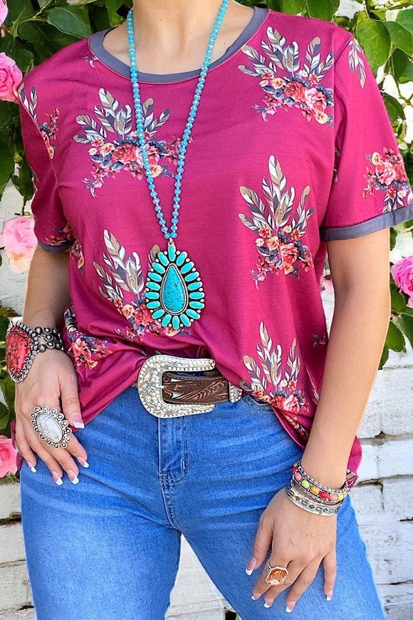 Women t-shirt wholesale Western floral & feather printed short sleeve top GJQ11251 (CS4)