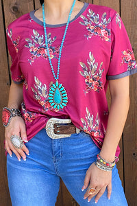GJQ11251 Floral & feather printed short sleeve top