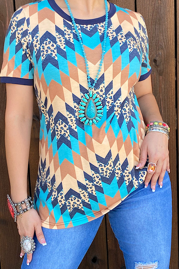 XCH12220 Leopard blue & brown printed short sleeve top