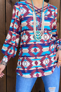 Multi color Aztec printed bubble sleeve blouse w/criss cross neckline BQ11481