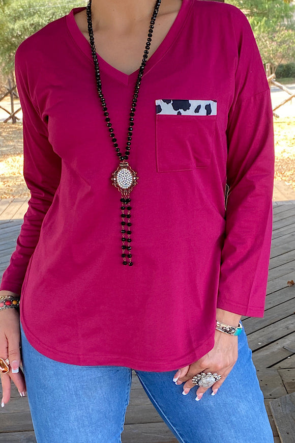 GJQ9792-1 Solid Fuchsia v-neck long sleeve top w/cow print front pocket