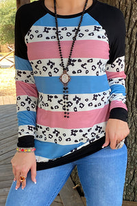 Multi color block long sleeve top w/leopard print BQ9828 (FS7)