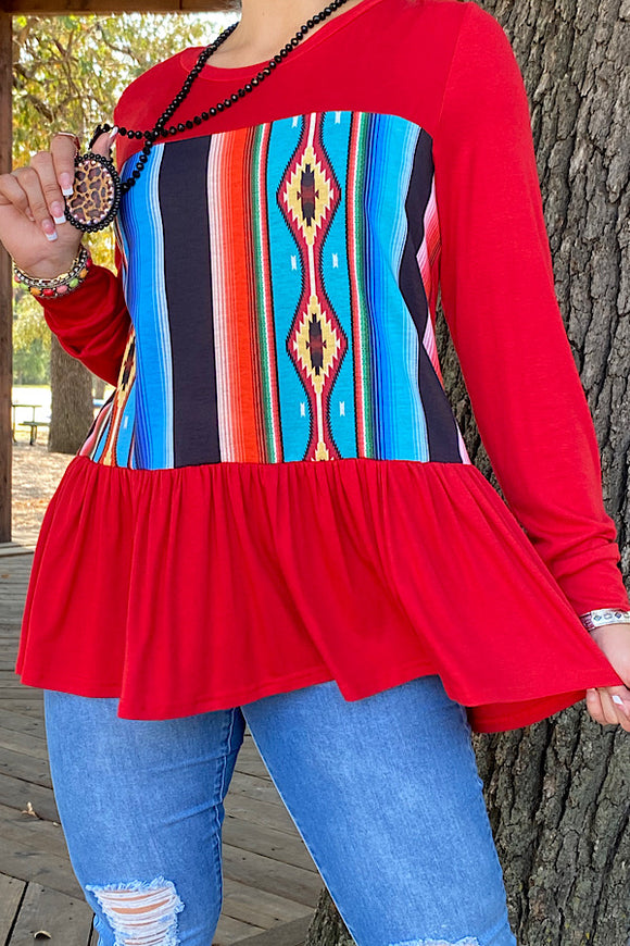 Red/Aztec long sleeve baby doll blouse BQ10286