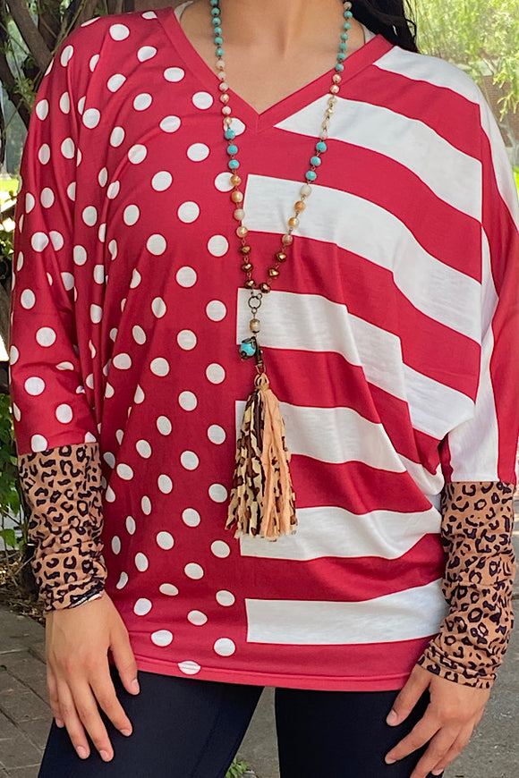 XCH10005 Red/white polka dot & striped blouse w/leopard printed sleeves