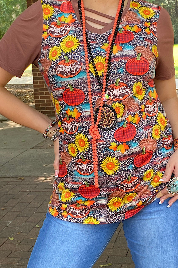 DLH11308 Leopard sunflower & pumpkin printed short sleeve top w/criss cross neckline