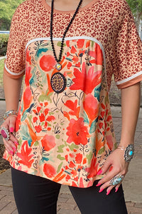 XCH13567 Leopard &floral multi color printed short sleeve women tops CS6