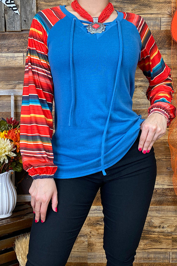 YMY7997 Blue top w multi-color striped long sleeves.