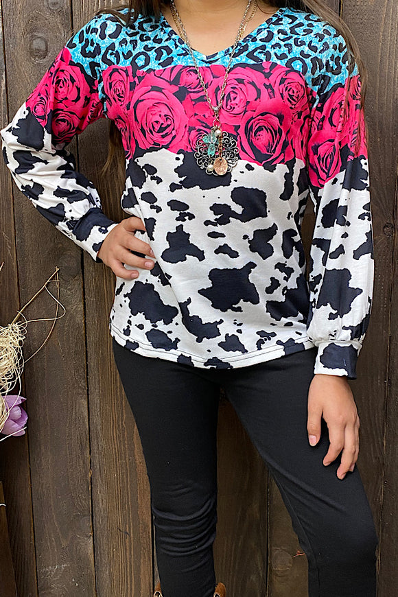 XCH0011-1H Cow & Leopard & Floral printed long sleeve girls top